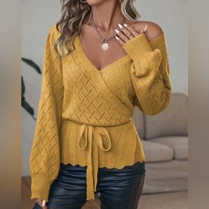 Women's Long Sleeve Casual Cardigan, Overlap, V-Neck Yellow